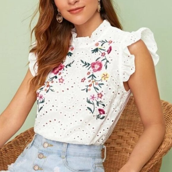 MODA ME COUTURE Tops - Ruffle Trim Embroidered Detail Schiffy Top